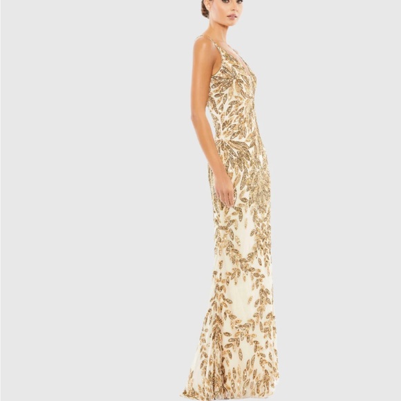 NWT Mac Duggal Embellished Leaf Evening Gown Nude Gold - Picture 3 of 7